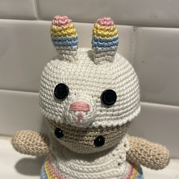 Handcrafted Doll in Bunny Rabbit Dress Easter Holiday Decor Crochet Toy Spring - Picture 5 of 12
